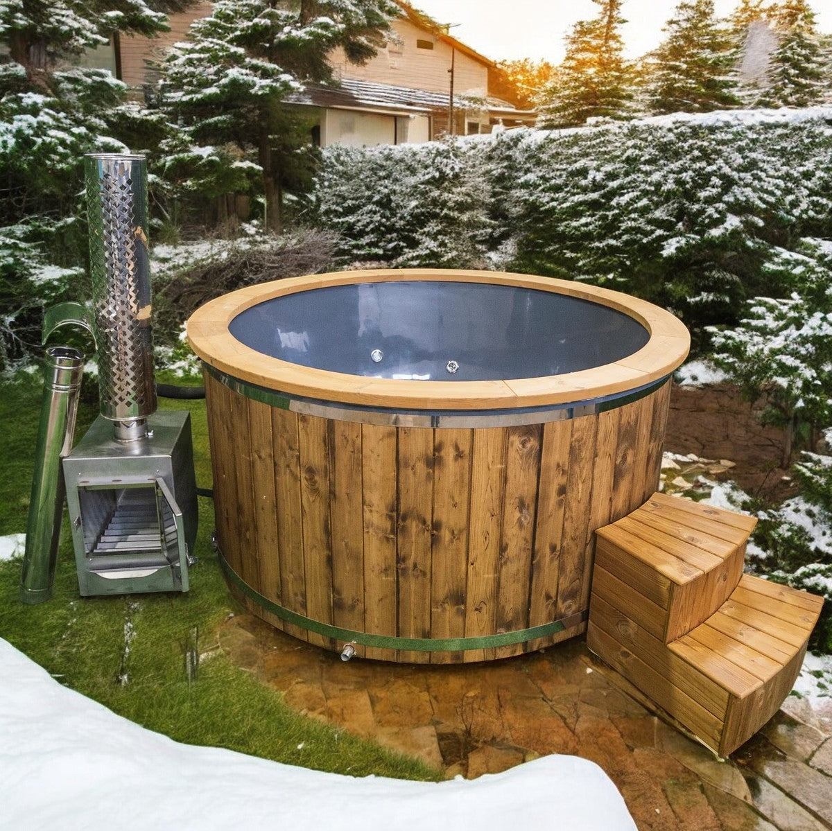 GFK Badefass Hot Tub mit integriertem Ofen, Handgefertigt