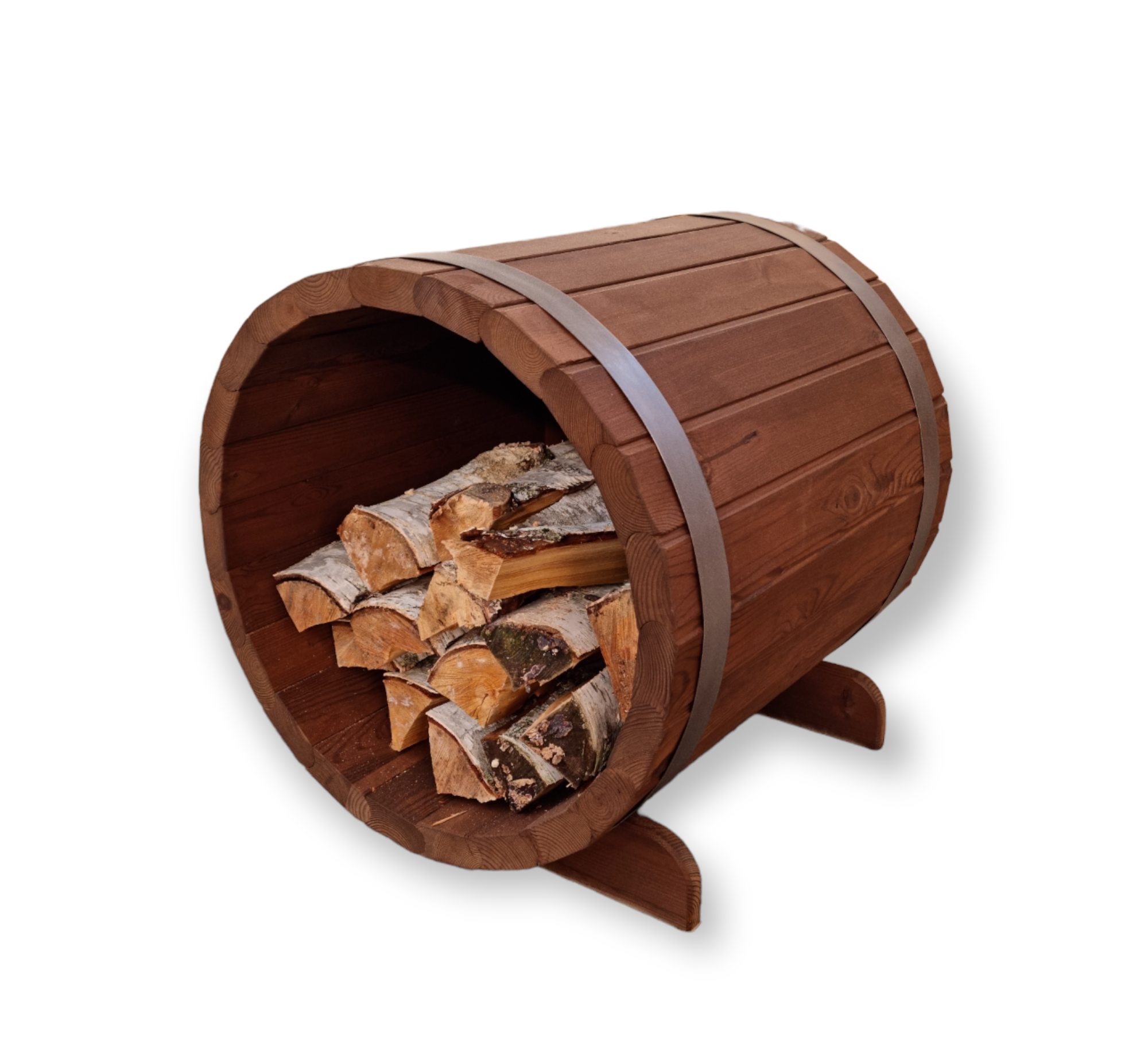 Rundes Holzfass zur Brennholzlagerung, Kaminholz, handgefertigt