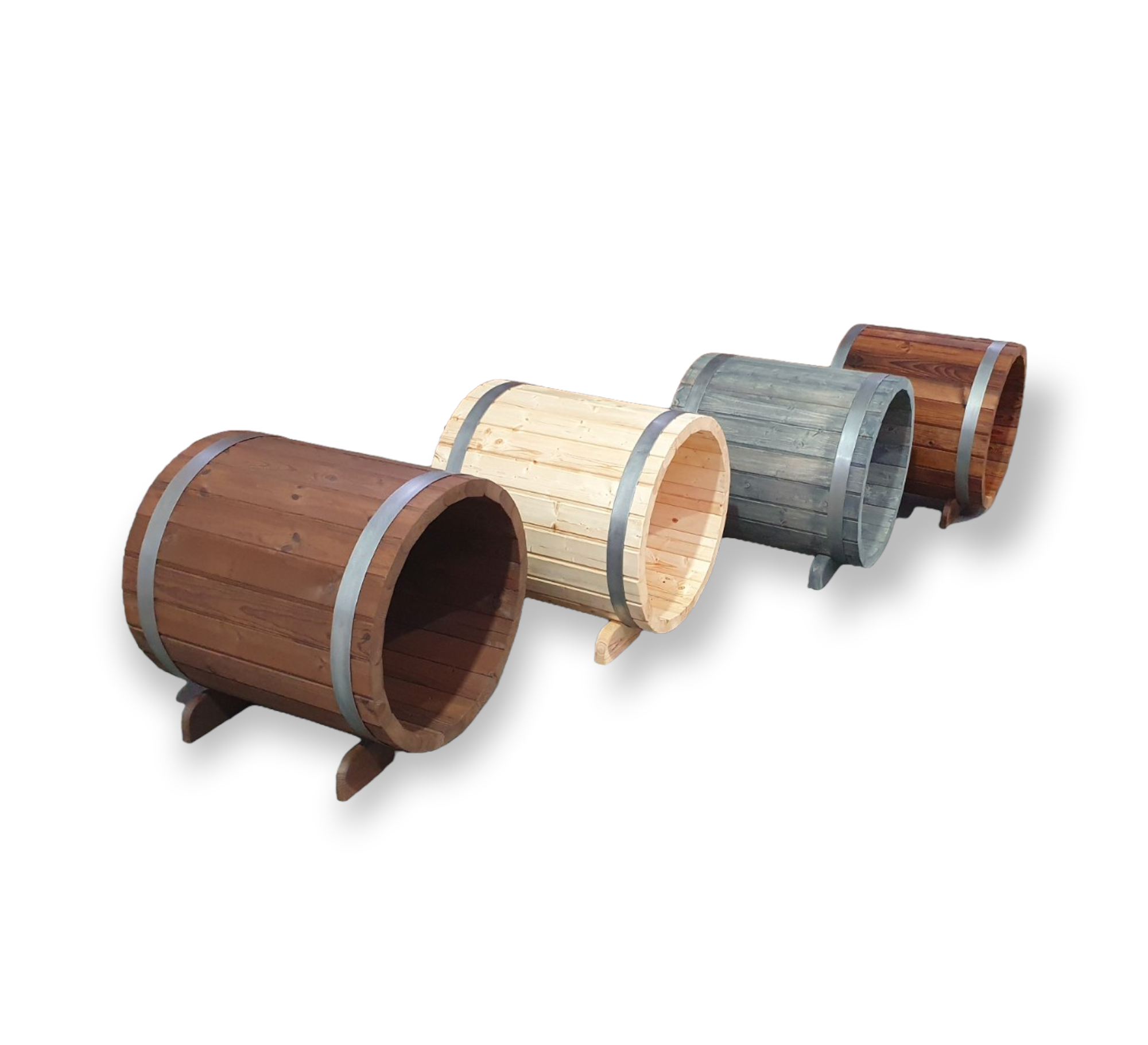 Rundes Holzfass zur Brennholzlagerung, Kaminholz, handgefertigt