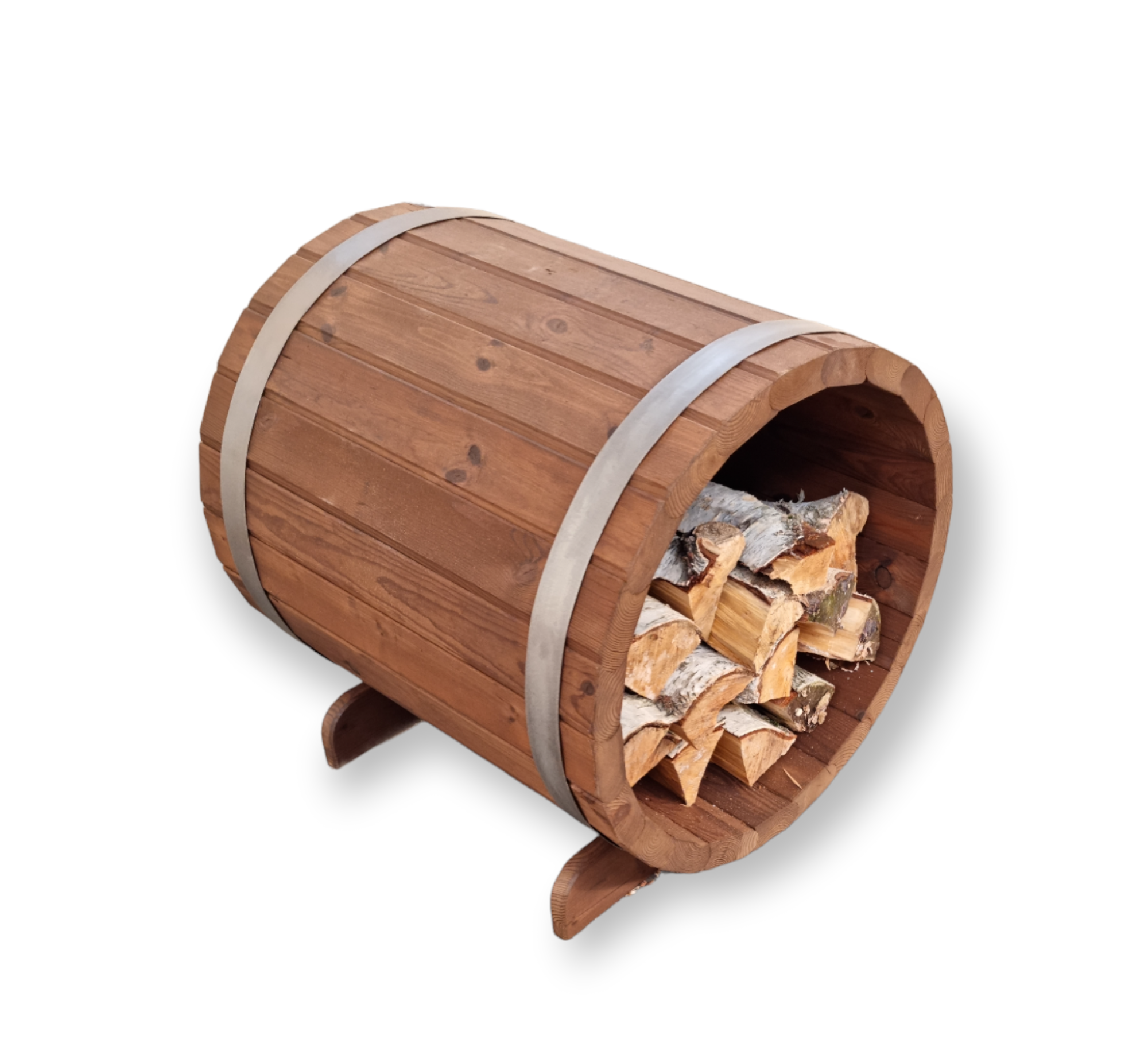 Rundes Holzfass zur Brennholzlagerung, Kaminholz, handgefertigt