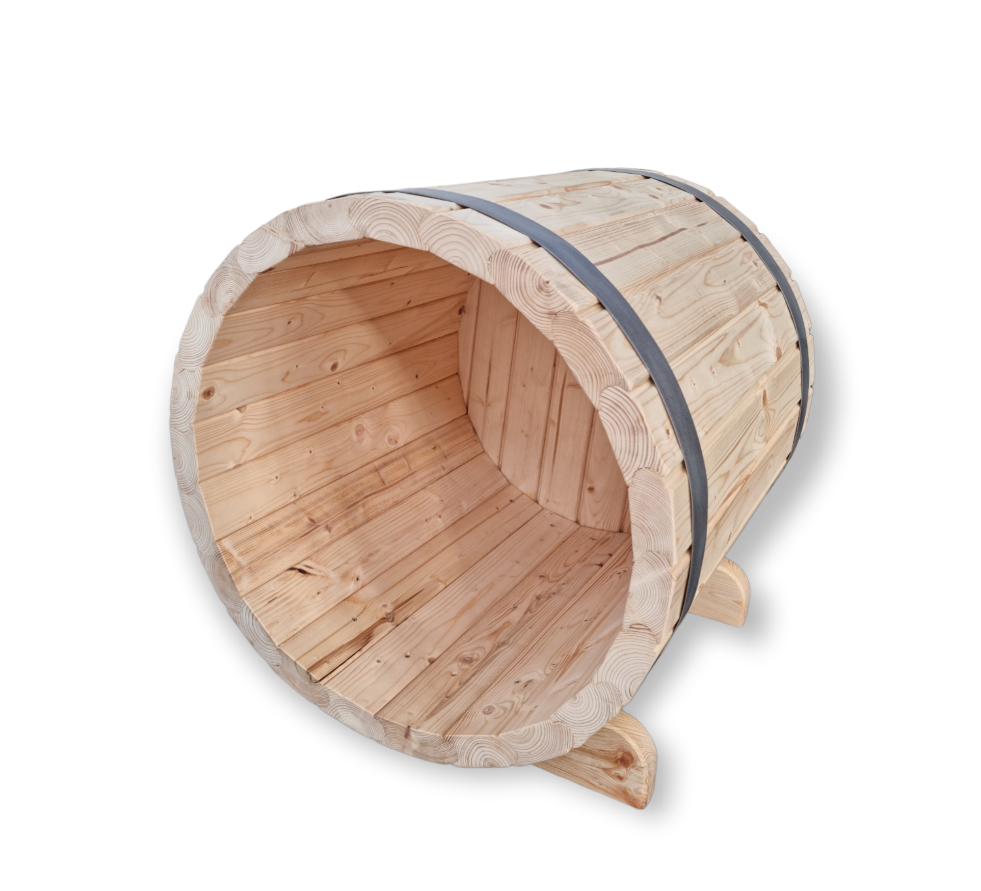 Rundes Holzfass zur Brennholzlagerung, Kaminholz, handgefertigt