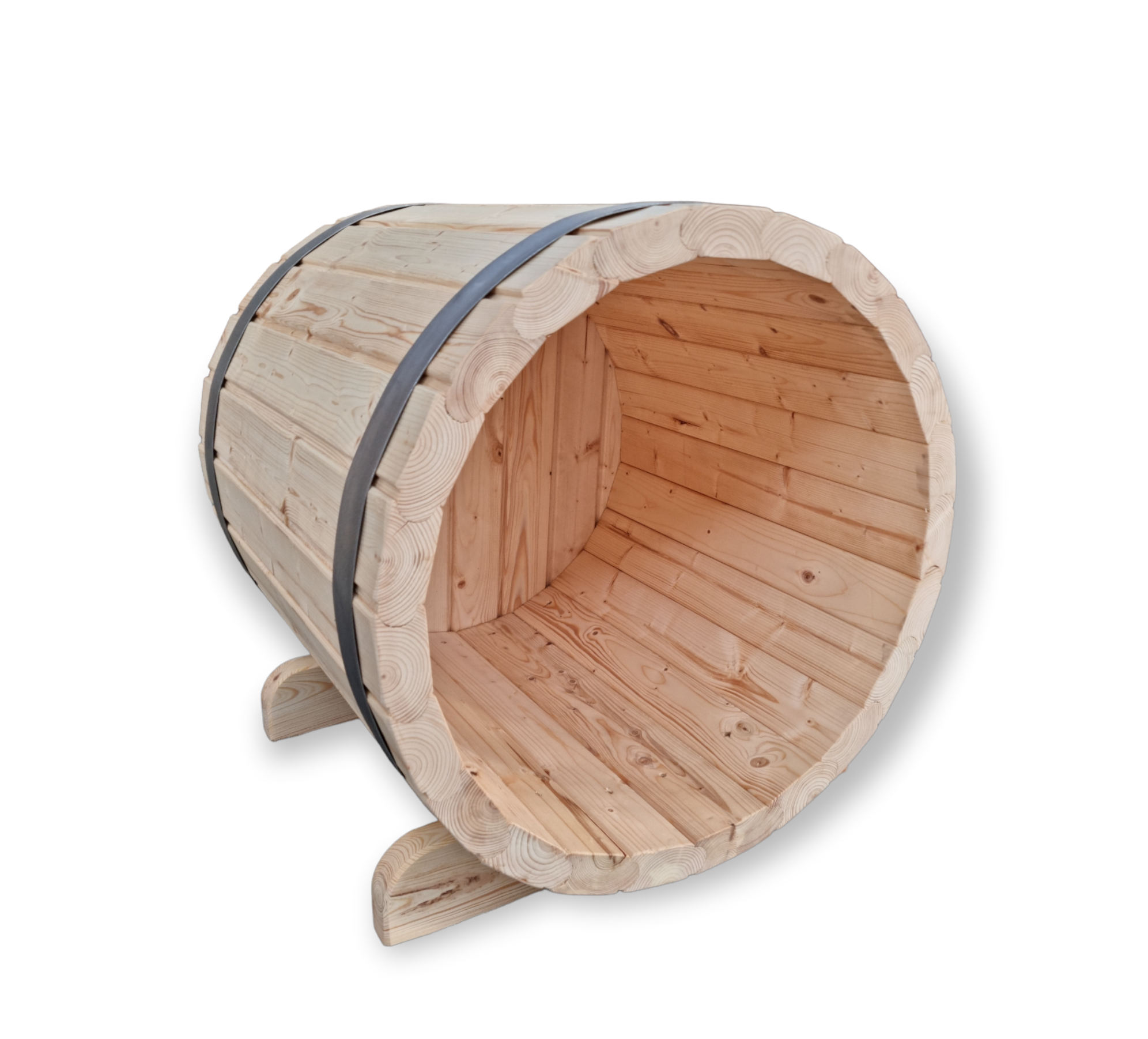 Rundes Holzfass zur Brennholzlagerung, Kaminholz, handgefertigt